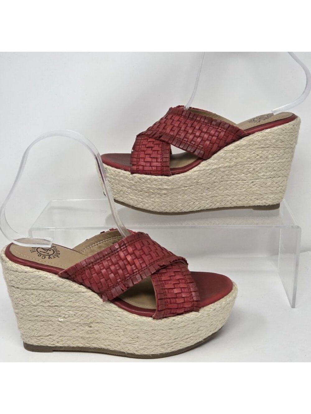 Vintage Foundry Lorie 6.5 Red Woven Leather Platform Wedge Sandals Boho Resort